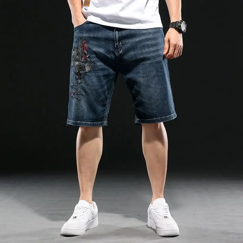 Summer New Fashion Trend Embroidered American Retro Straight Leg Denim Shorts Men's Casual Loose Sports High-Quality Shorts