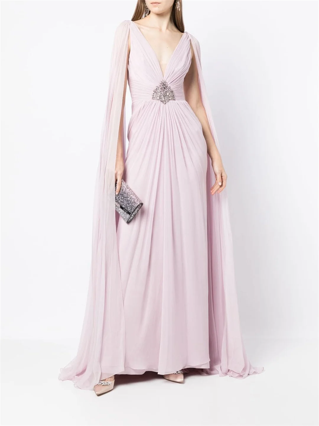 

OIMG Elegant Pink Prom Dresses Rhinestone Deep V-Neck Floor Length Chiffon A-Line Simple Evening Gowns Formal Party Dress