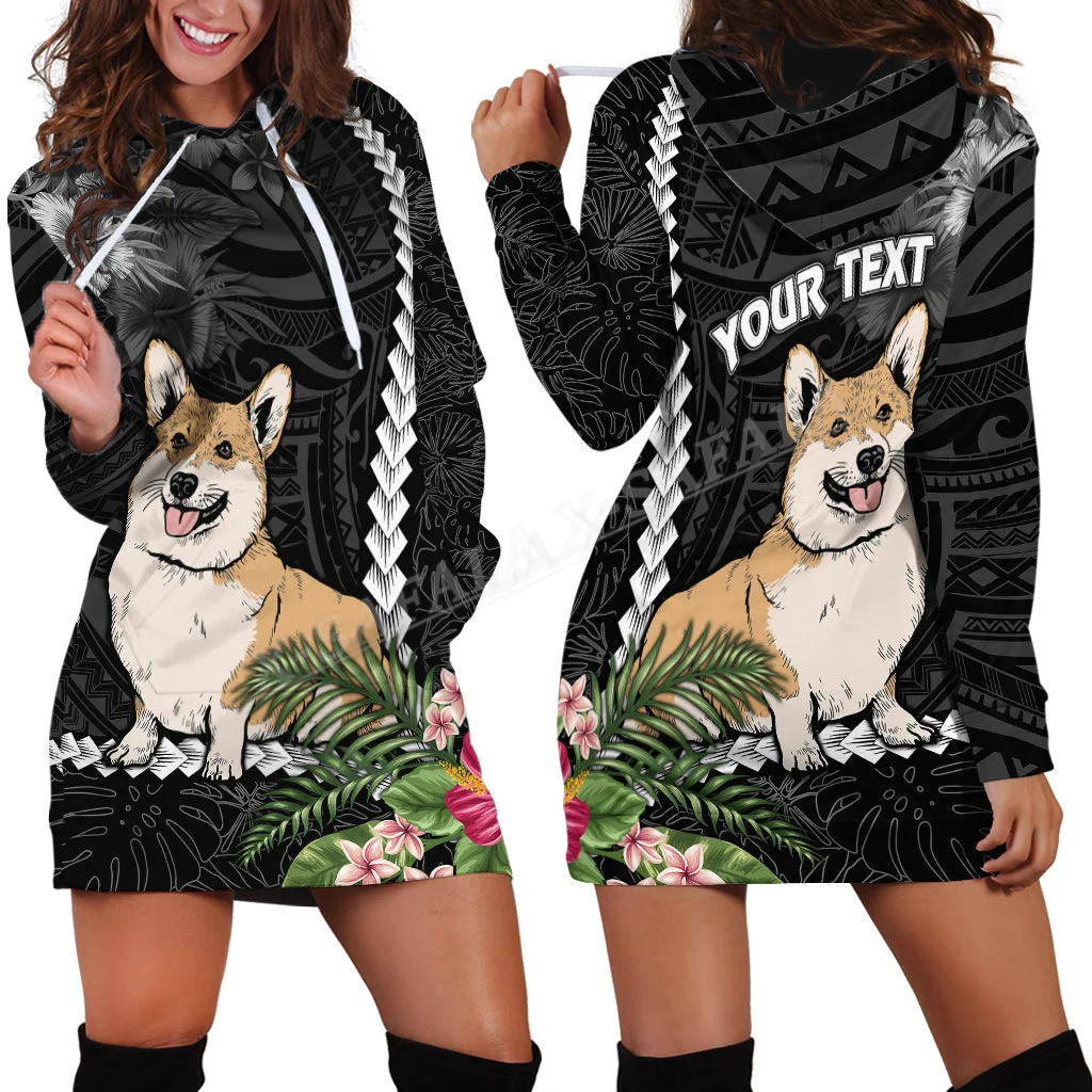 Corgi Dog Polynesian Tribal 3D Print Fashion Slim Hoodie Dress Women Casual Wear Long Sleeve Hooded Sweatshirt Coat Pullover