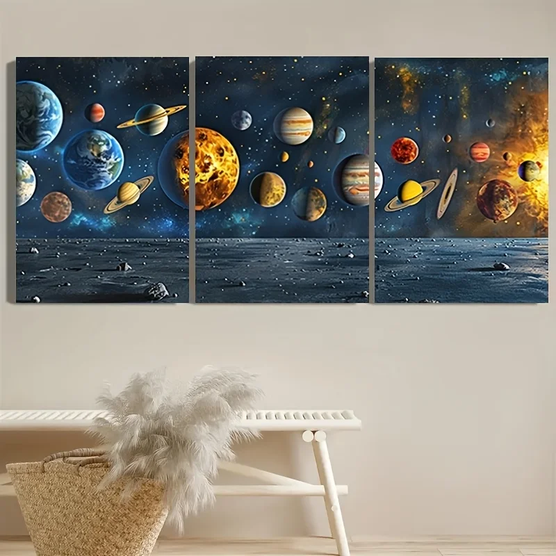 2D Flat, 2D Flat, Unframed Set of 3Canvas Wall Art: Solar System with All Planets And Moons Against a Space Background - Home