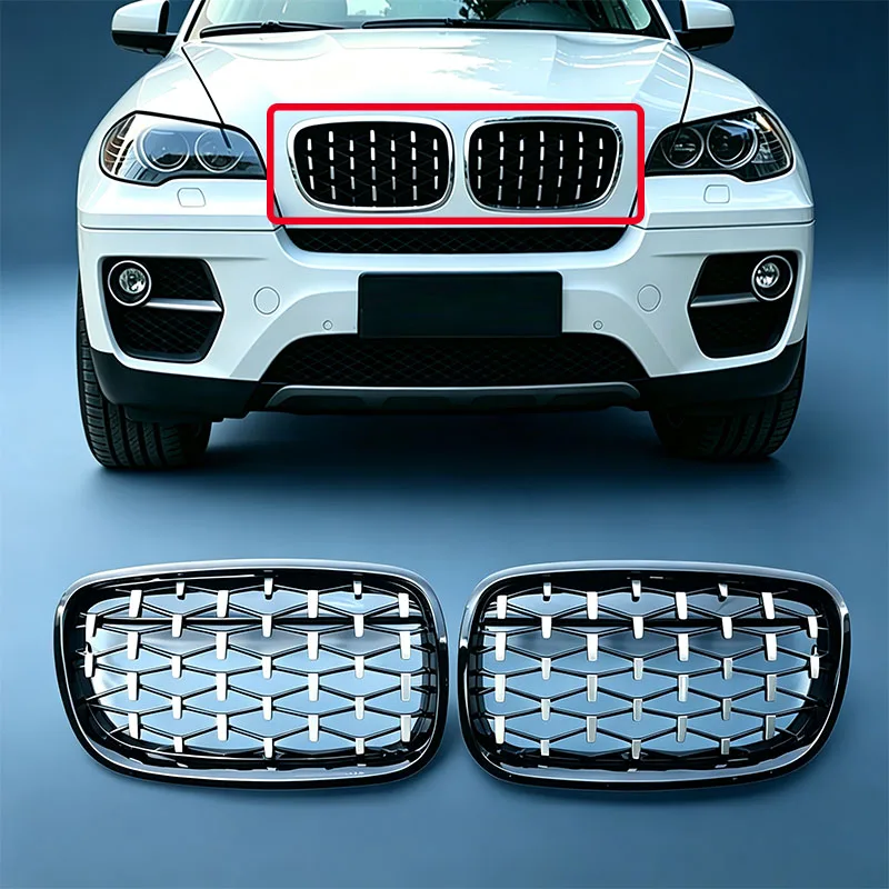 FOR BMW X5 E70/X6 E71 2006-2013 Double Kidney Mesh Grille, Diamond Meteor Style Grille OE 51137202651 51137202652