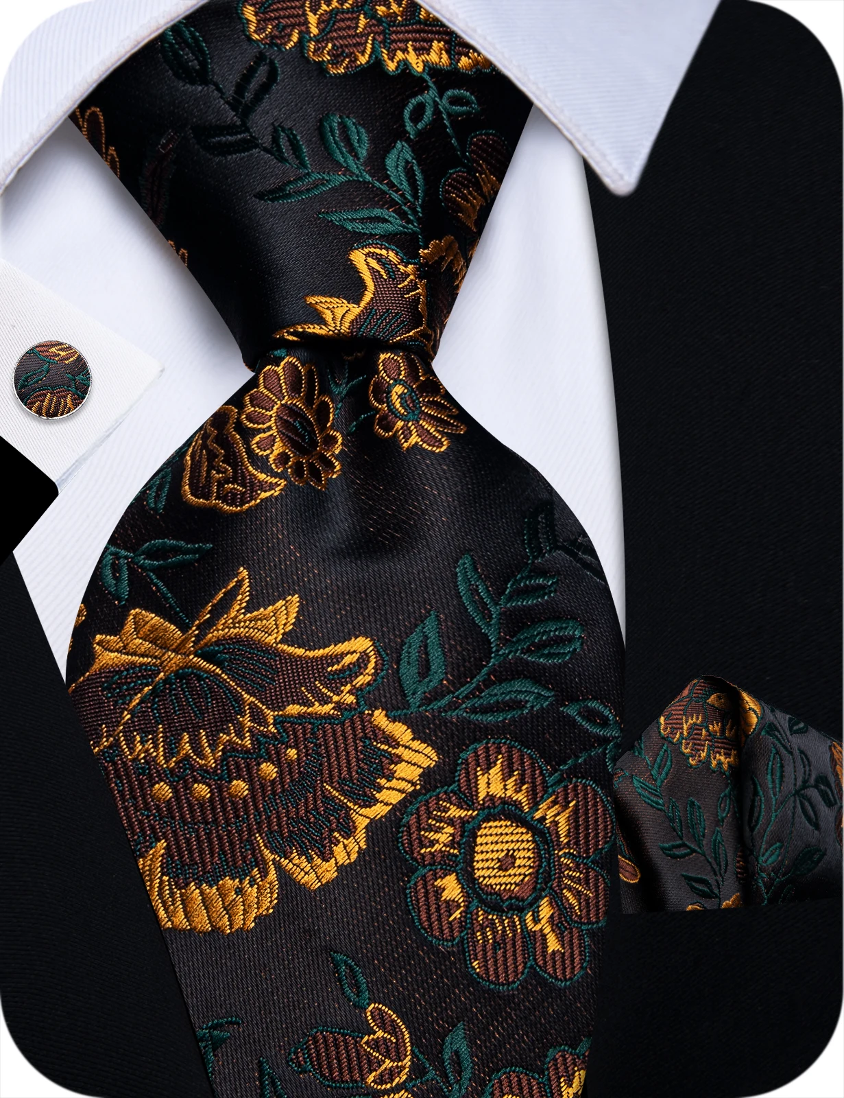 Men's Floral Necktie Pocket Square Cufflinks Set, Formal Tie for Groomsmen Wedding Business Party Dinner Prom Gift