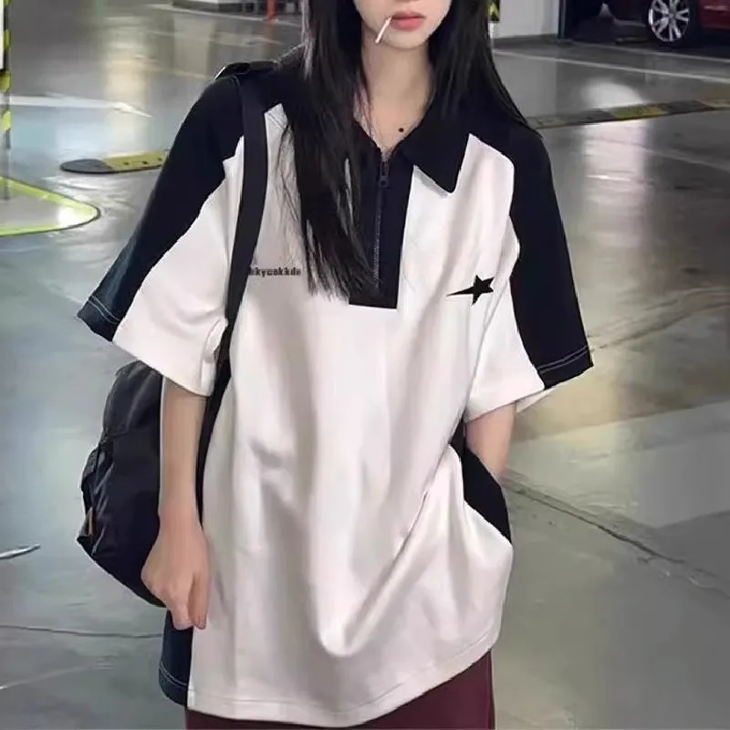 

Футболка с коротким рукавом на молнии для пар, большие размеры, 300 Pou, в американском уличном стиле, летняя, 100% хлопок