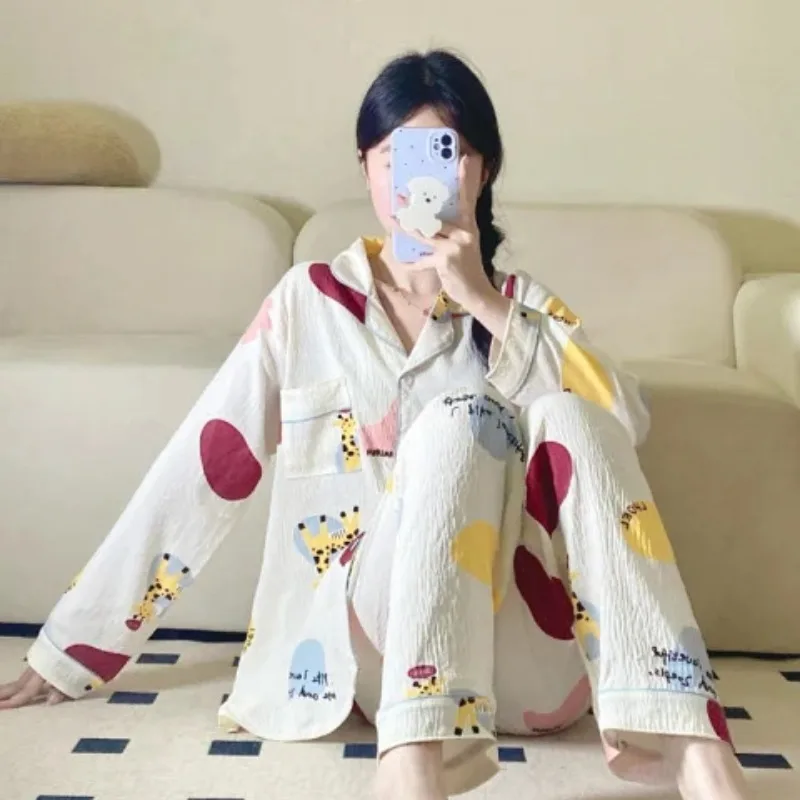 가을, 겨울 여성의 달콤한 줄무늬 긴 소매 사계절 잠옷 학생 잠옷 플러스 사이즈 폴리 에스터 직물 잠옷