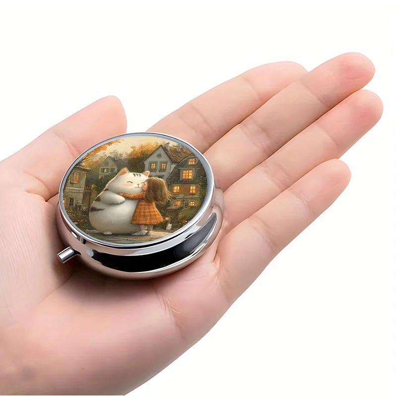1 Pill Box with 3 Compartments, Cute Cat Girl Autumn Town Scene Pill Box, Mini Pill Container, Pill Organizer, Perfect for Travel and Storing Vitamins