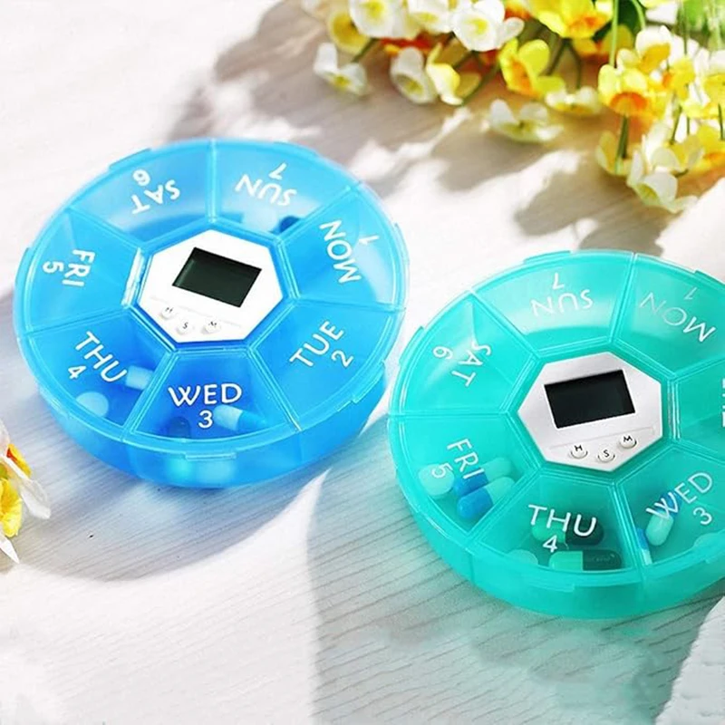 Electronic Pill Box 7 Compartments Smart Portable Time Reminder Pill Box Round Night Lighting Storage Box