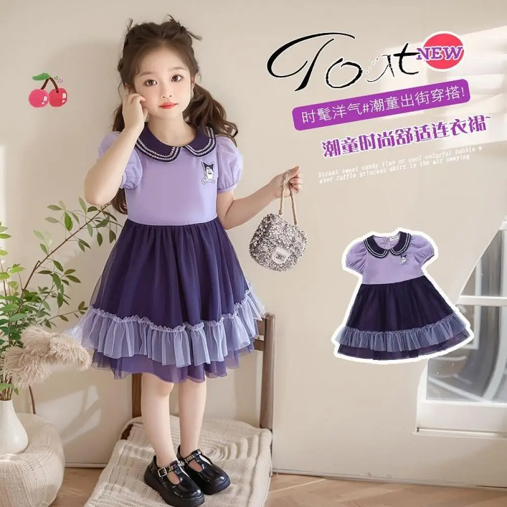 

Платье принцессы для девочек Kawaii Sanrio Kuromi, летнее праздничное платье с героями мультфильмов, милая милая юбка с короткими рукавами и принтом, популярные подарки для детей