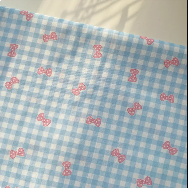 

145cm*50cm Pure Cotton Fabric Light Blue Checkered Pink Bow Suitable For Handmade Headband Toy Doll Clothing Fabric