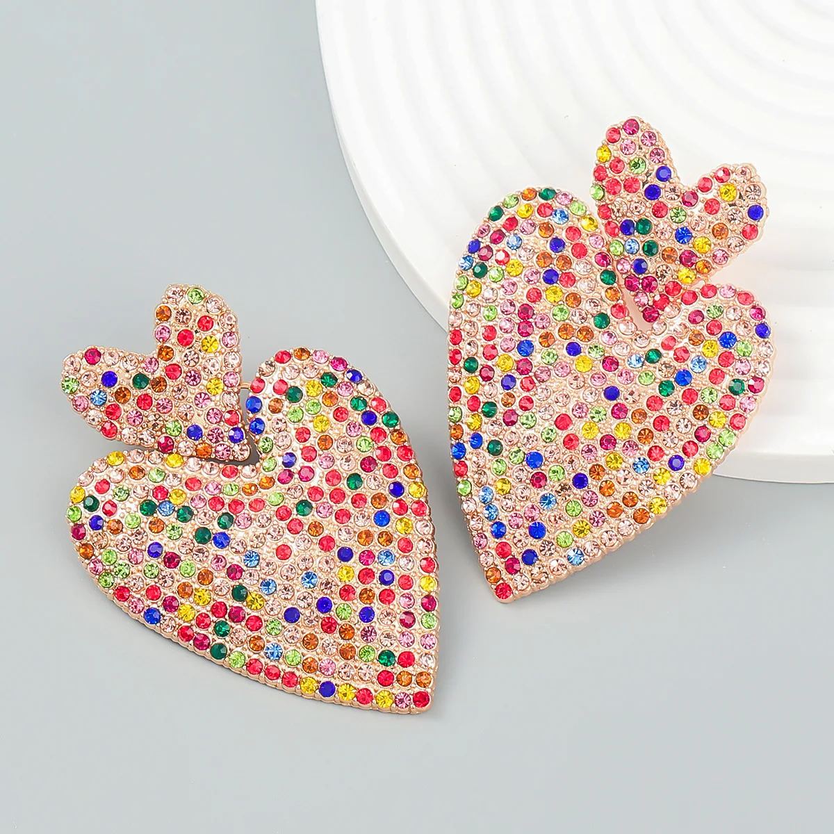 Digadagu Metallic Colorful Rhinestone Heart Earrings Women's Pop Exaggerated Dangle Earrings Party Jewelry Accessories image 4