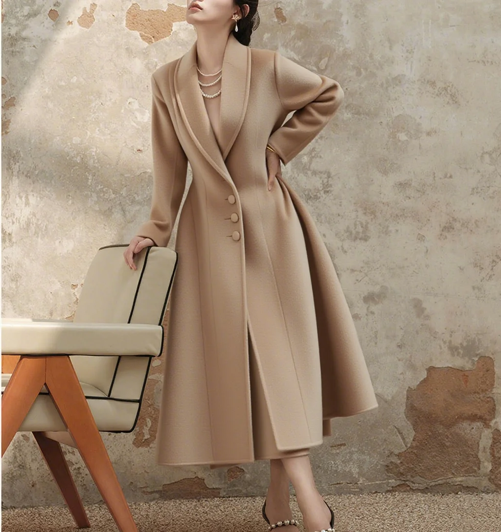 Elegant Women Long Coat Solid Color V-Neck Overcoat Lady Slim Fit Warm Single Breasted Blazer Jacket Dress Customized Made