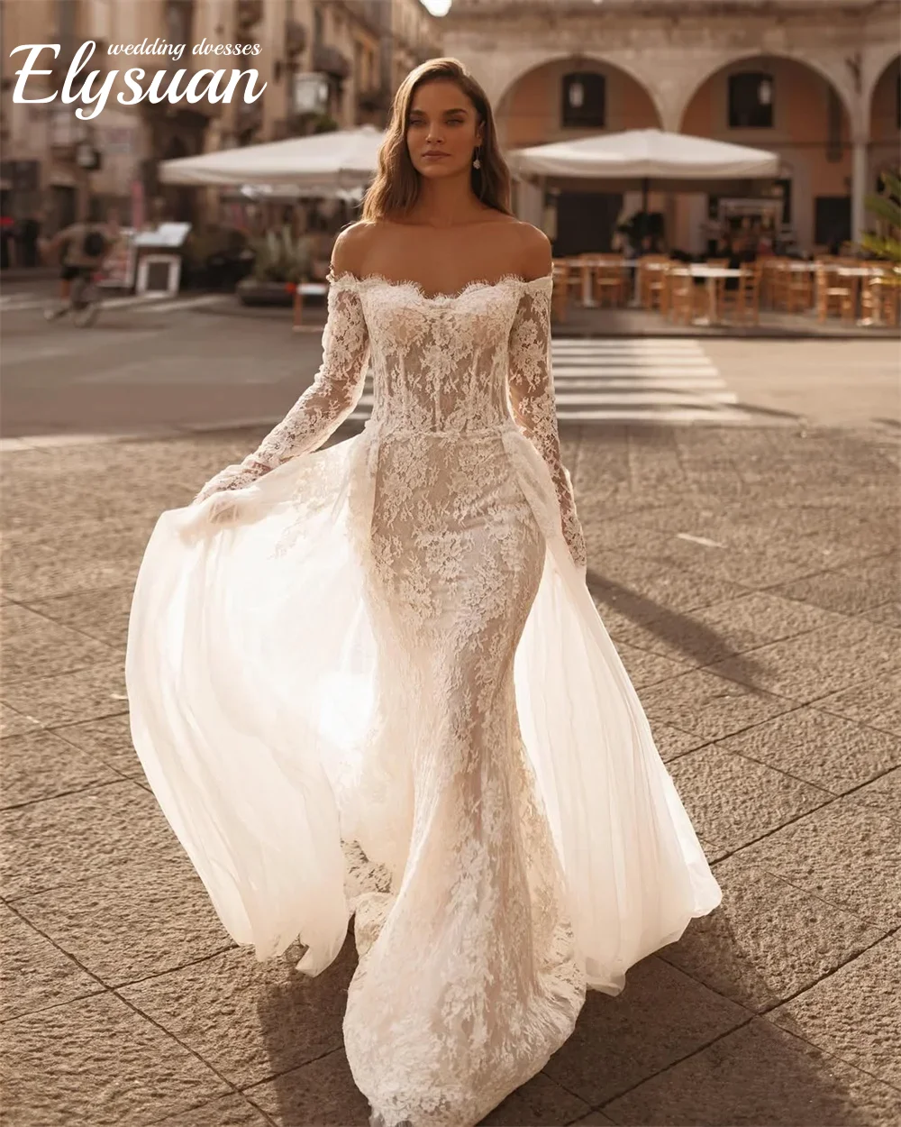 Maßgeschneiderte Brautkleider mit Overlay-Rock, neue lange Ärmel, schulterfrei, Spitze, Meerjungfrau, Brautkleider, Vestidos de Novia