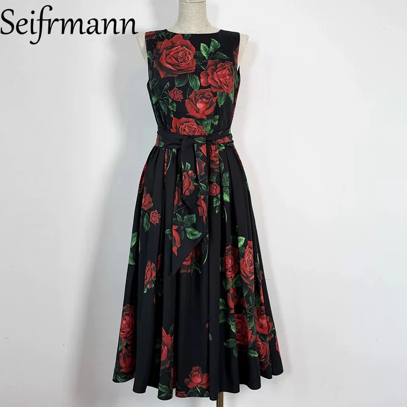 Seifrmann Casual Printed Cotton Vest Dress Round Neck Sleeveless Waist Dress 2026 Autumn Fashion Women's New Style