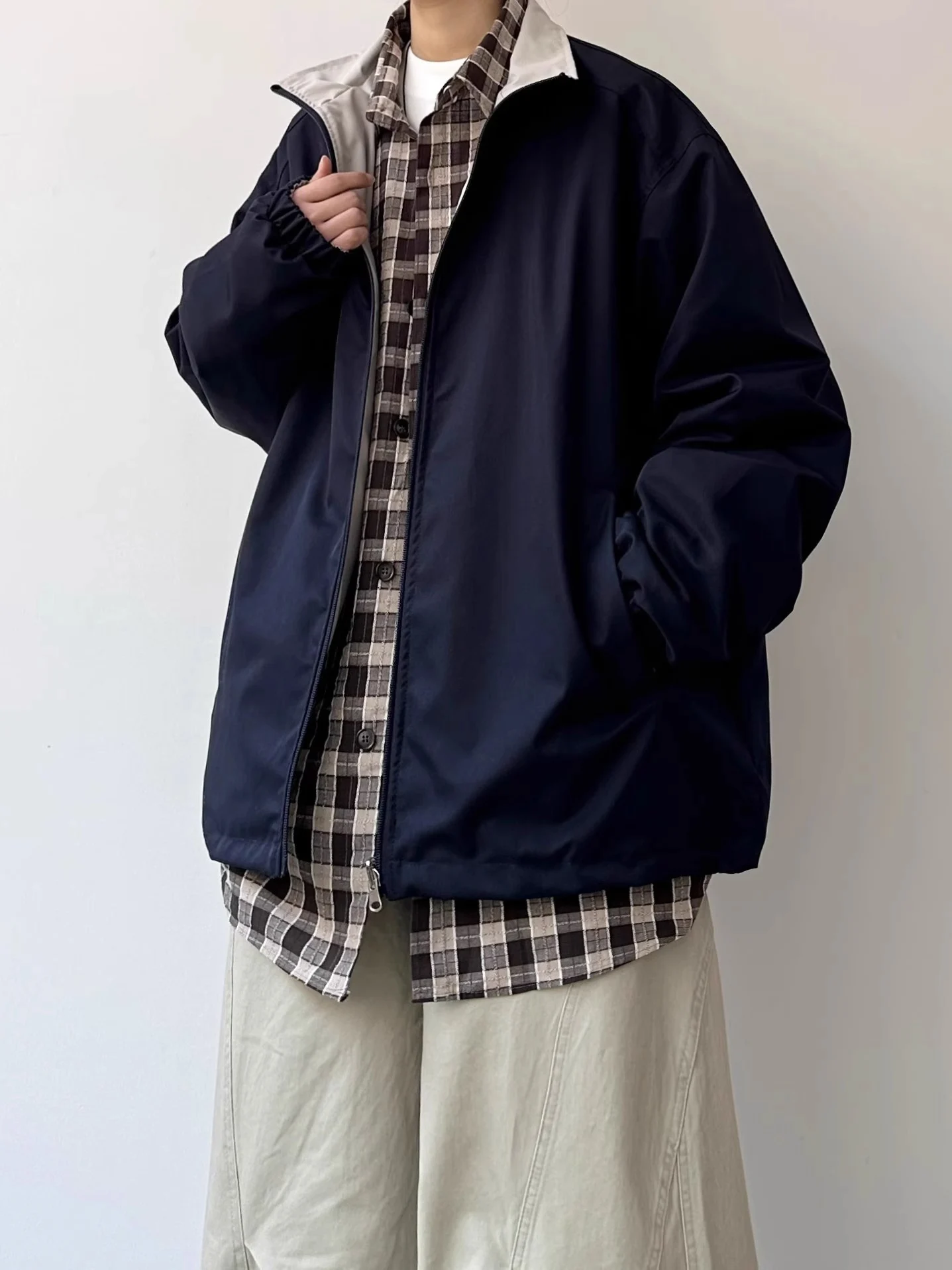 

ex Double-Sided Wear Loose Fit Stand Collar Jaet Spring Autumn New Sle Casual Versatile Workwear Trendy Zipper Closure