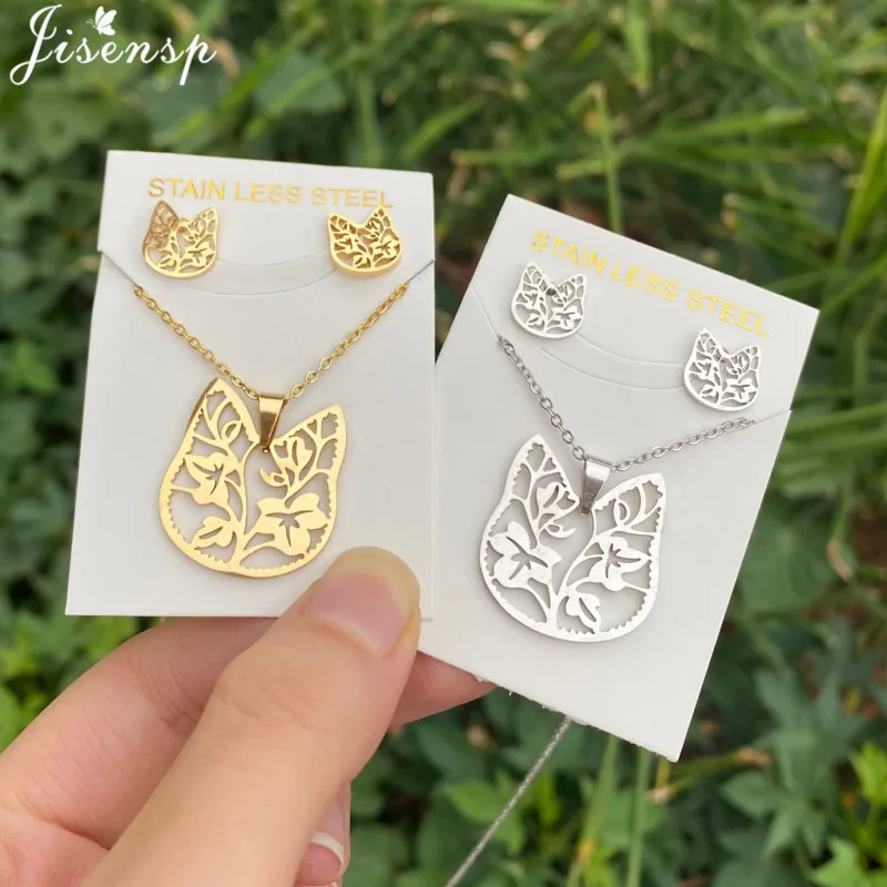 Golden Hollow Cat Pendant Necklace Earring Set for Women Stainless Steel Leaf Jewelry Ladies Engagement Necklaces Gifts