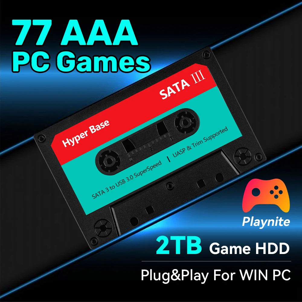 2TB 게임 하드 드라이브, 77개의 AAA 게임 포함, 플러그 앤 플레이 게임 콘솔, 윈도우 PC/노트북용 Playnite HDD 외장 하드 드라이브