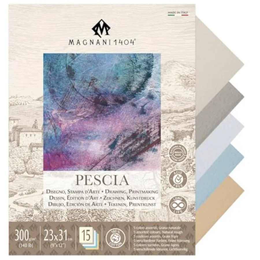

Pescia Drawing and Printmaking Paper Pad for Artists 9x12 15 Sheets Assorted Colors 140 lb 300gsm Acid-Free 100% Cotton Paper f