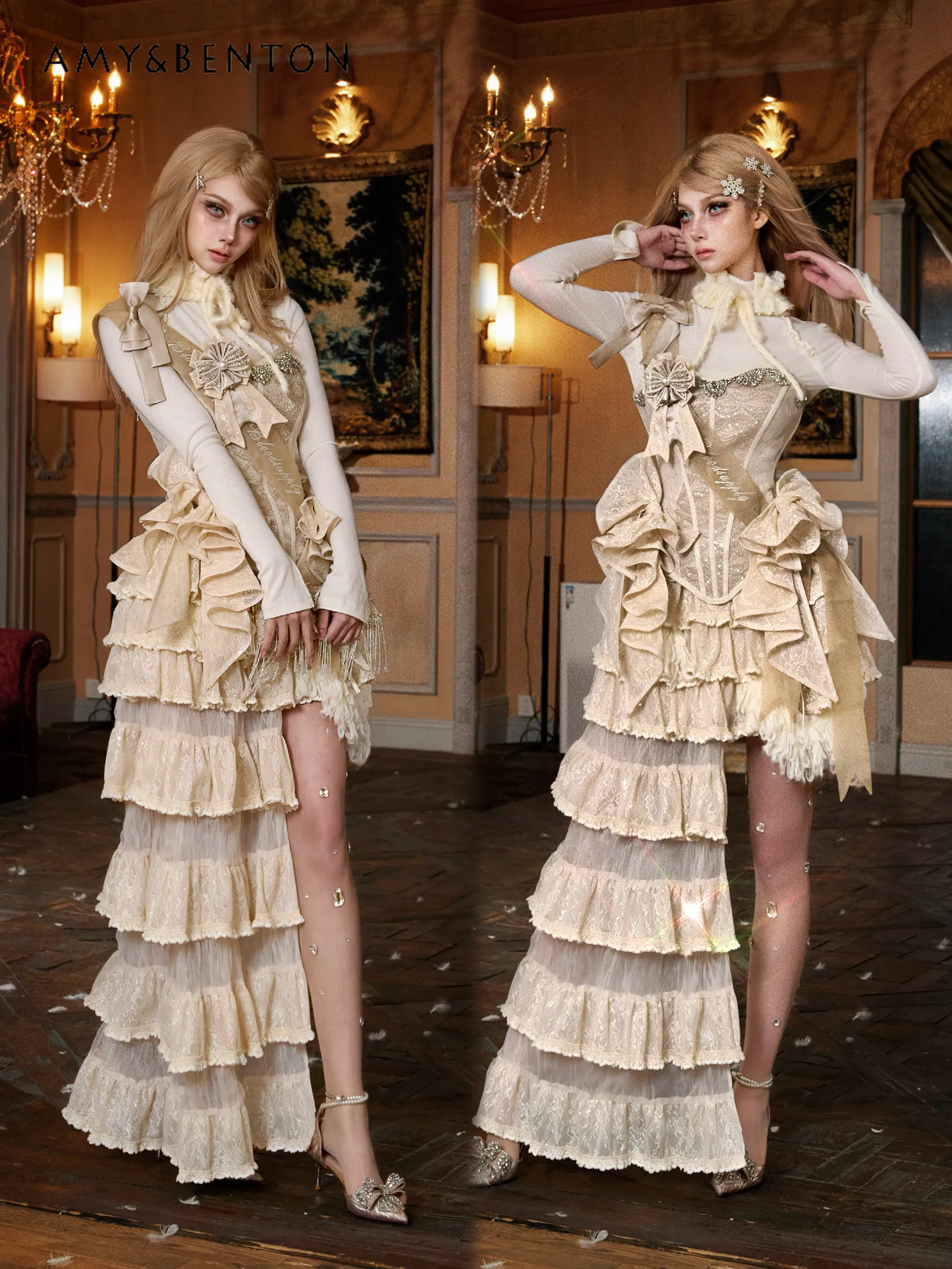 Francês gracioso estilo fada renda em camadas saia palácio retro cintura alta irregular mini saia feminina vestidos de noite de natal