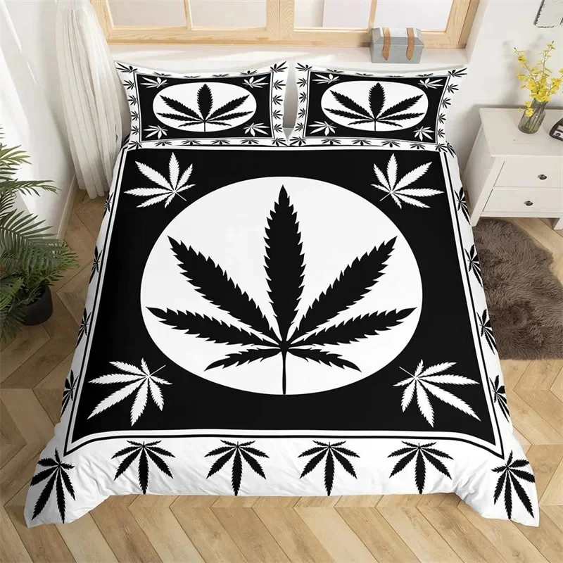 Psychedelic Cannabis Leaves Duvet Cover King Marijuana Weed Leaf Bedding Set Microfiber Grey Hippie Hemp Leaves Comforter Cover