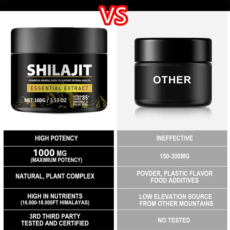 Минеральные добавки Shilajit из чистой смолы, 1000 мг, Гималайская оригинальная с 85 + следами минералов, фульвовая кислота для красоты и здоровья,