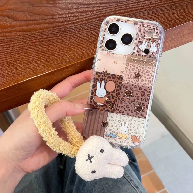 

Luxury leopard print Cute cartoon Miffy Phone Case For iPhone 14 15 16 17 Pro Max 3D Love Heart Star Miffy Furry Wrist Strap﻿﻿﻿