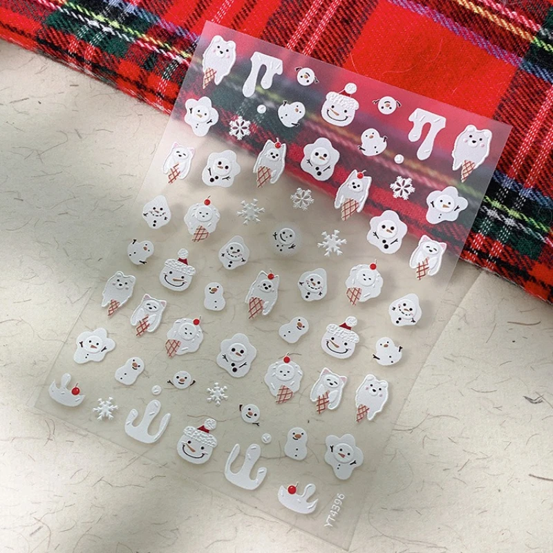 1pcs Embossed Christmas Nail Decal Ice Cream Cone Snowflake Adorable Backing Adhesive Nail Sticker Suitable for All Nail Shapes