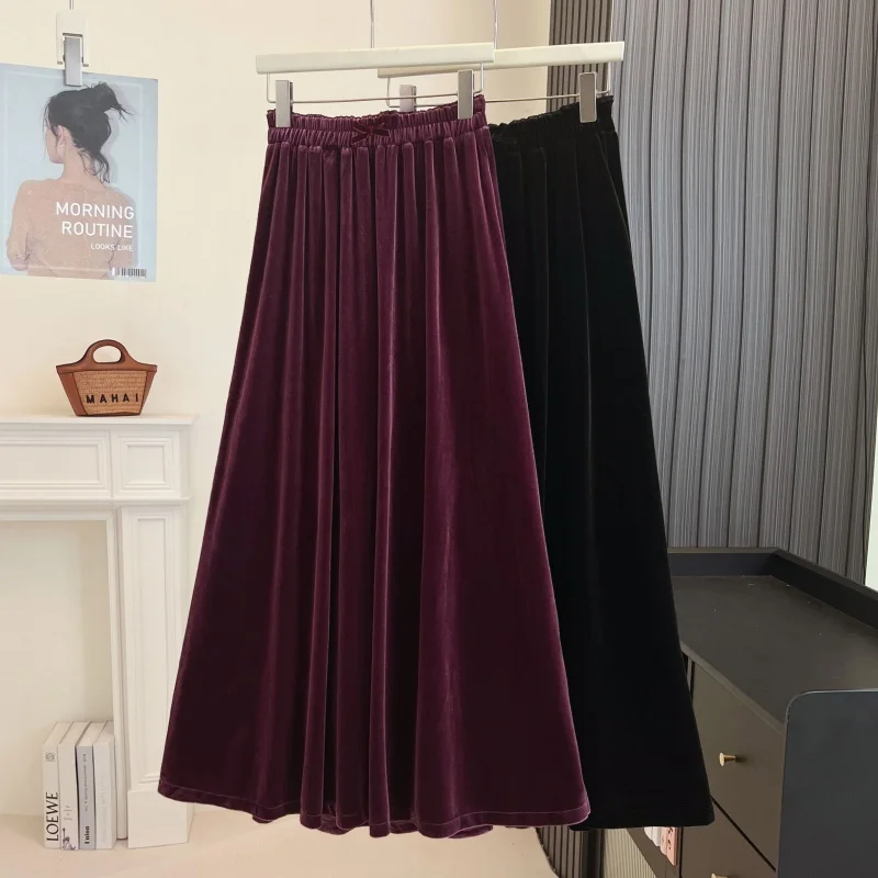Elegant Autumnal Silk Velvet A-Line  Skirt Chinese Oriental Classical Ladylike Drapey Skirt for Women in Their 20s And 30s
