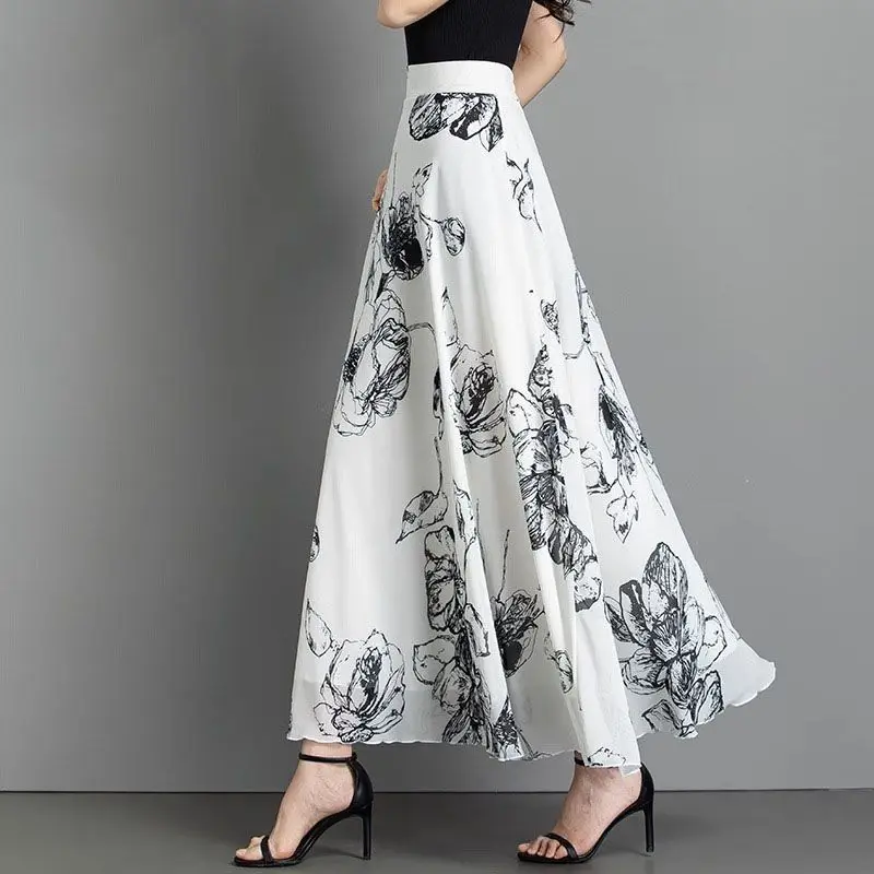 

Винтажная шифоновая юбка миди с принтом в стиле туши, с завышенной талией, А-силуэт, расклешенная, летнее платье, новинка 2026 года