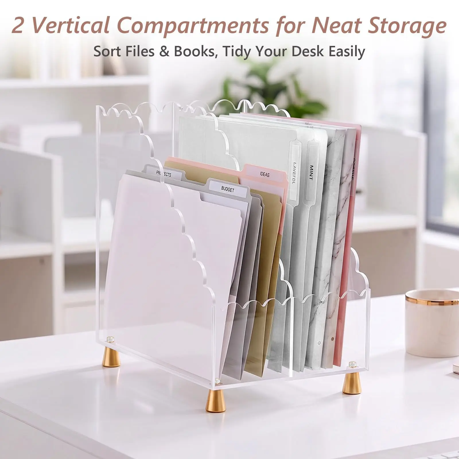 Clear Acrylic File Organizer with 2 Vertical Compartments, 3.5mm Thick Desk File Rack for A4 and Letter Size Files, Scalloped