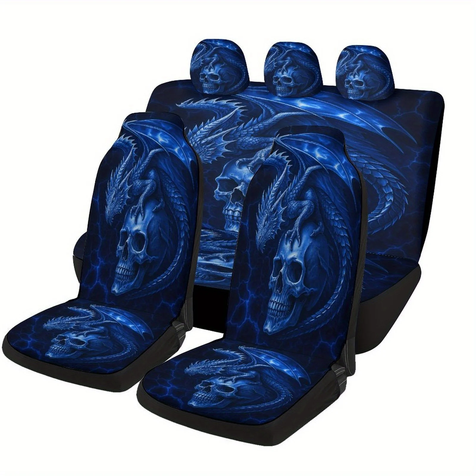 Set Of Car Seat Covers Featuring A Blue Dragon And Skull Design, Suitable For Various Vehicles. These Stylish Novelty Covers Inc