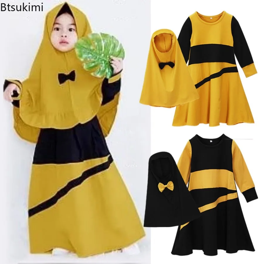Eid Girl Muslim Sets Long Sleeve O-neck Dress Hijab Prayer Outfit Kids Muslim Clothes Abaya Dubai Arabic Robe Headscarf 2PCS Set