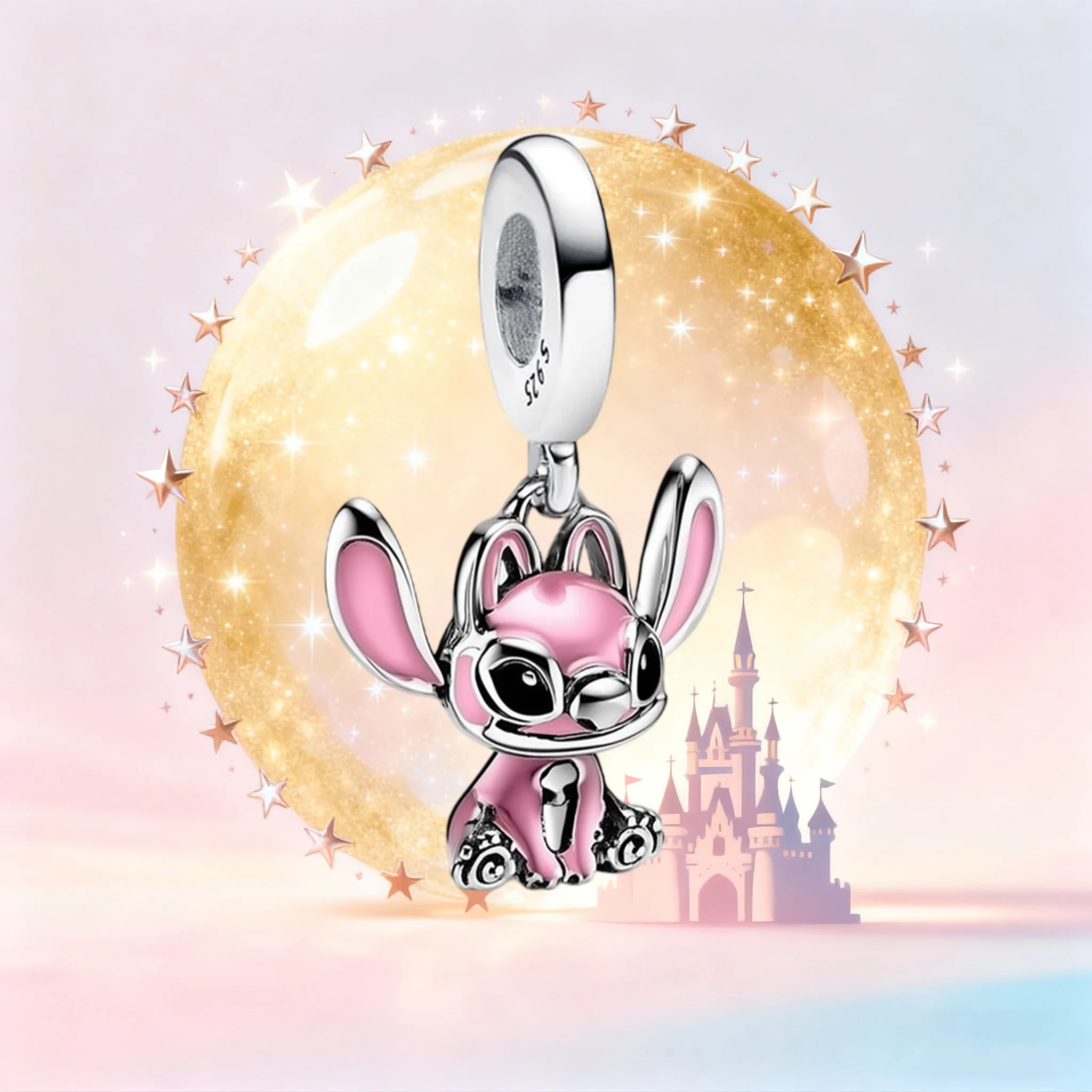 

S925 Sterling Silver Disney Lilo & Stitch Angel Charm, Pink Enamel Character Pendant, Cute Disney Bracelet Jewelry for Women