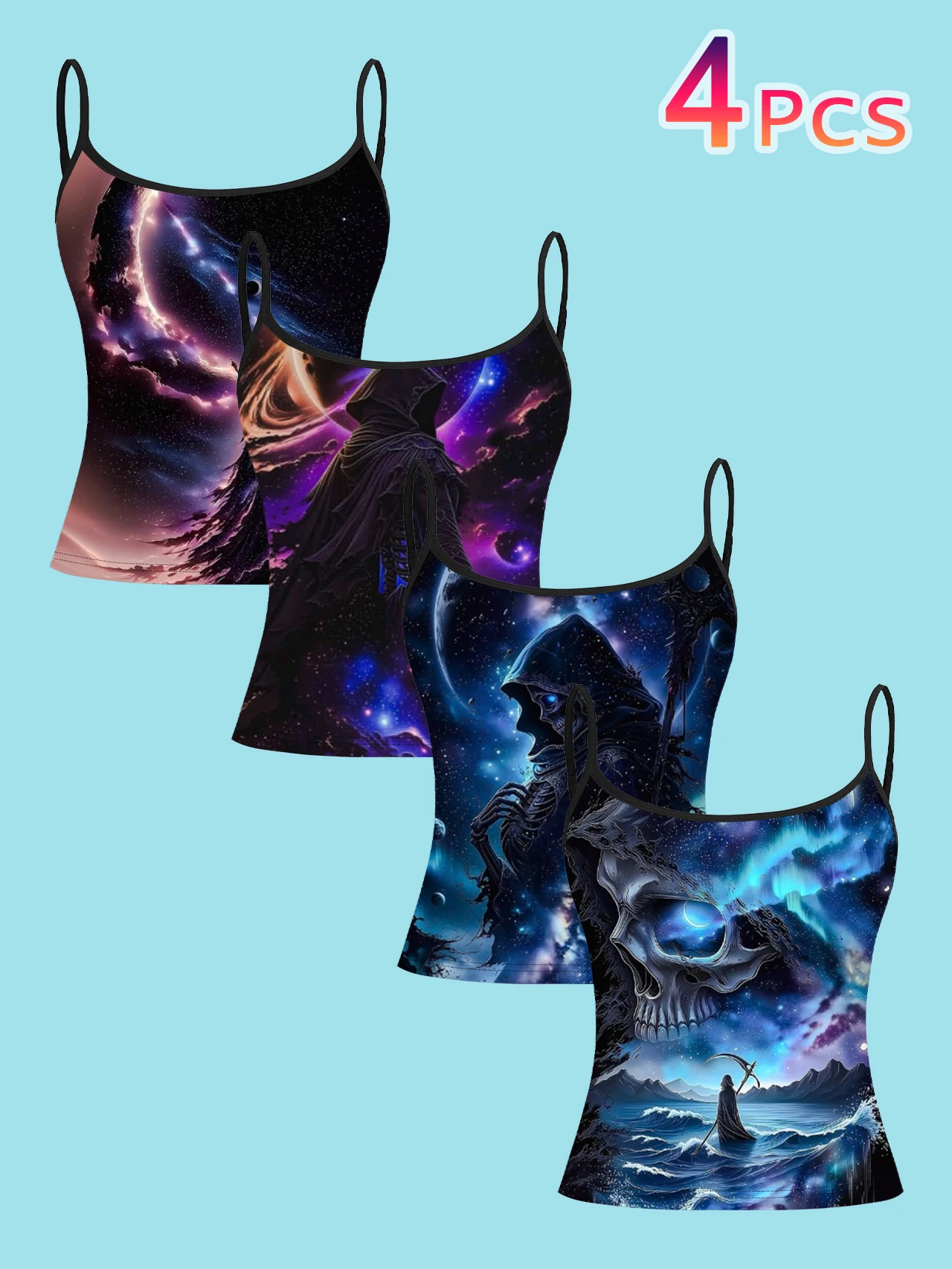 4-Piece Set of Galaxy Starry Sky and Grim Reaper Skull Print Women's Camisoles, Dark Gothic Style Spaghetti Strap Slim Fit Versatile Inner Tops
