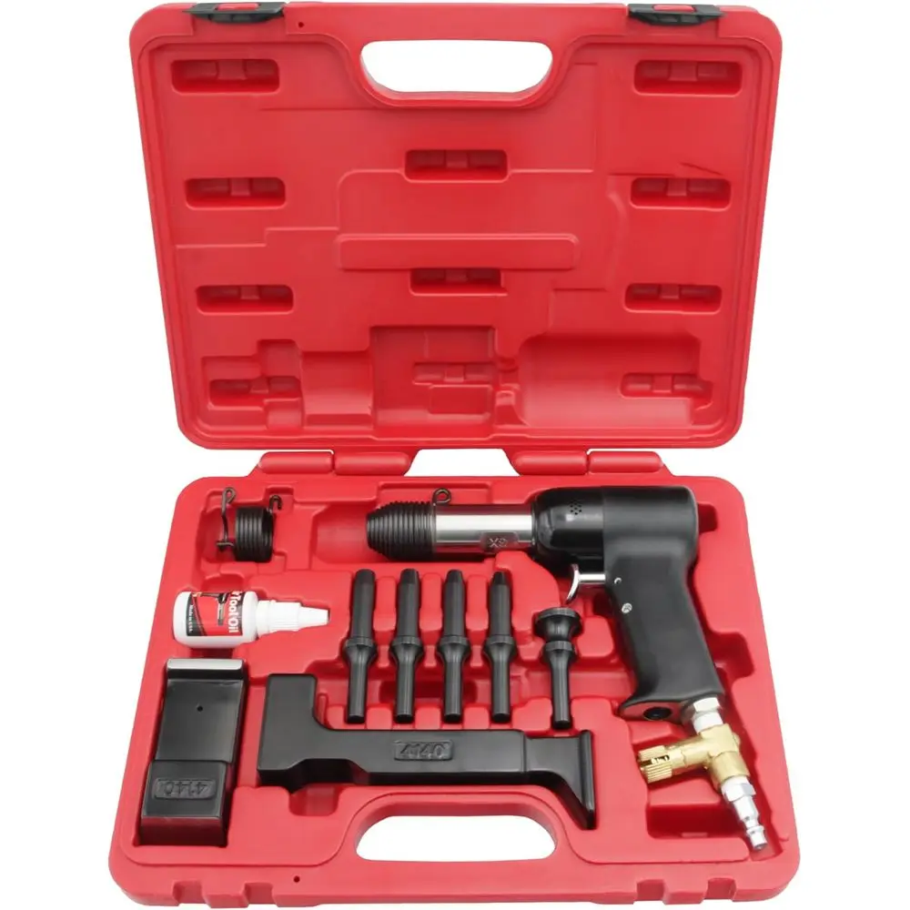 Aircraft 3X Rivet Gun Kit. Includes 3X Rivet Gun, 5 Rivet Sets, 2 Bucking Bars, 2 Retainer Springs, and Air Tool Oil.