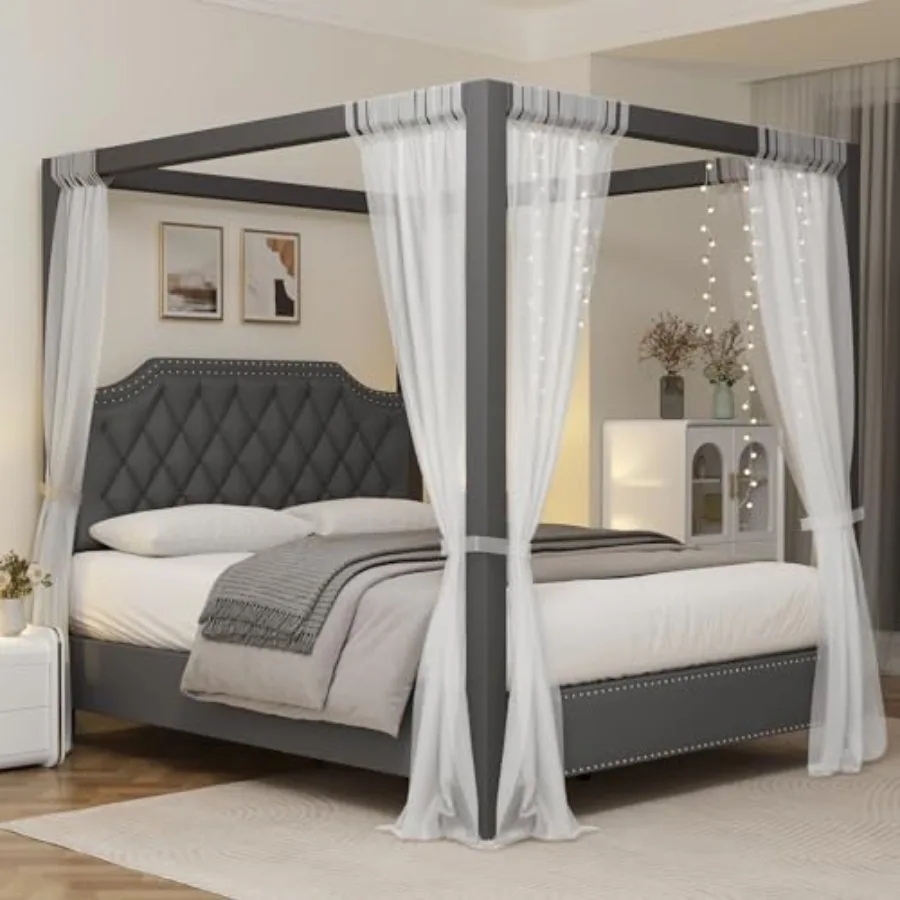

IDEALHOUSE Full Size Canopy Bed Frame with Nailhead Decoration Headboard Upholstered Bed Frame with Poles 4 Corner Bed BracketS