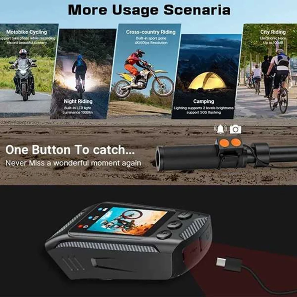 Câmera de ciclismo multifuncional 4K 60FPS à prova de chuva Tela IPS de 2,0 polegadas Conexão WiFi com lanterna LED Buzina de bicicleta DY