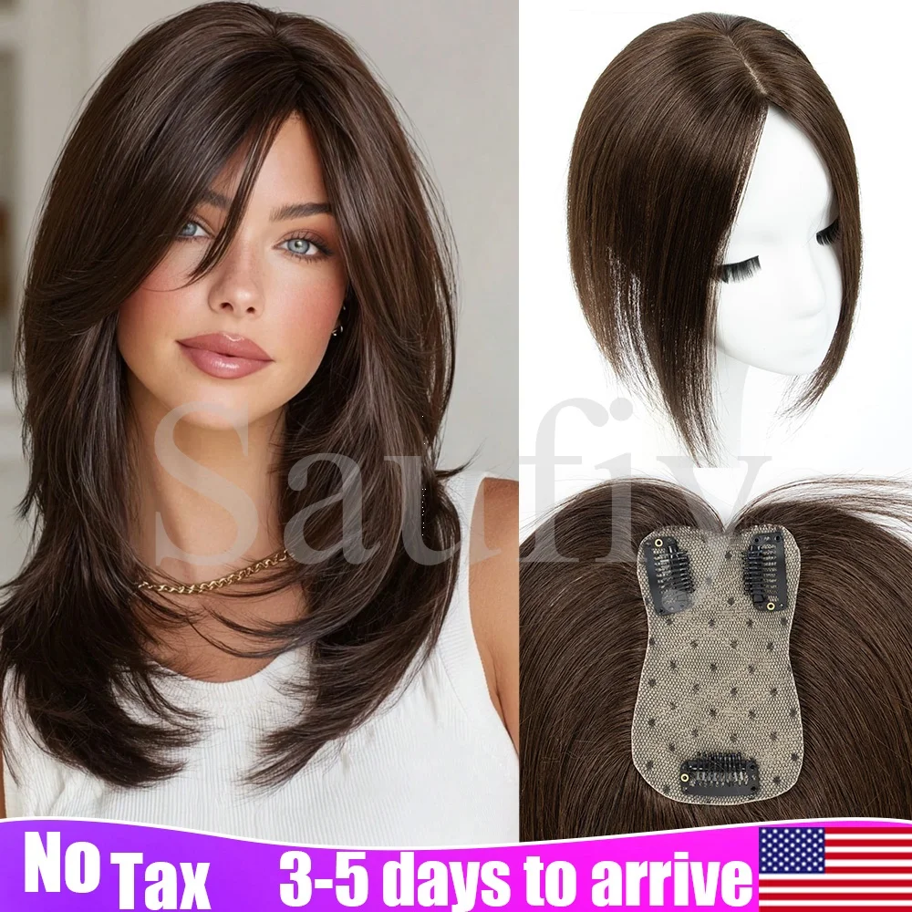 

Накладка для волос из натуральных человеческих волос с заколками, прямые накладки для женщин, натуральный черный, коричневый, светлый цвет, для тонких волос, цельная накладка