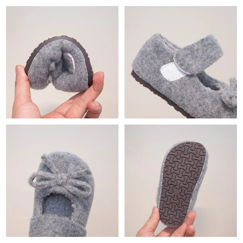 女の子用プリンセススタイルフリースシューズ 2025年新作 冬用幼児バレエシューズ リボン付き ソフトソール エレガントな学校・パーティー用フラットシューズ