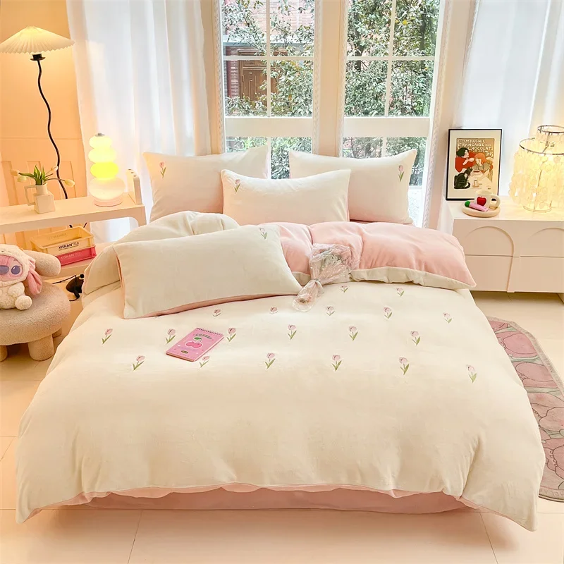 New Scattered Embroidery milk fleece four-piece autumn and winter double-sided thickened flannel coral fleece bed linen bedding