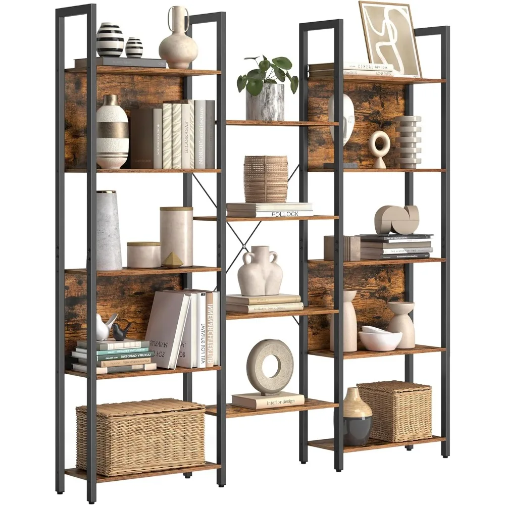 5-Tier Industrial Bookshelf with 14 Shelves, Metal Frame Storage Unit for Living Room & Office, Rustic Brown