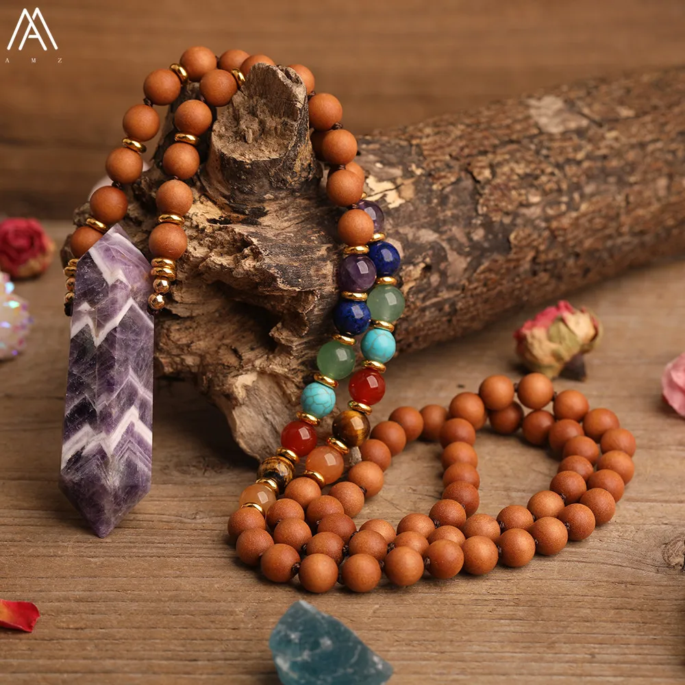 Natürliche Quarz Kristall 7 Chakra Reiki Perlen Handgemachte Halskette Runde Duftenden Sandelholz Perlen Knoten Halskette Schmuck Für Frauen – Detail 4