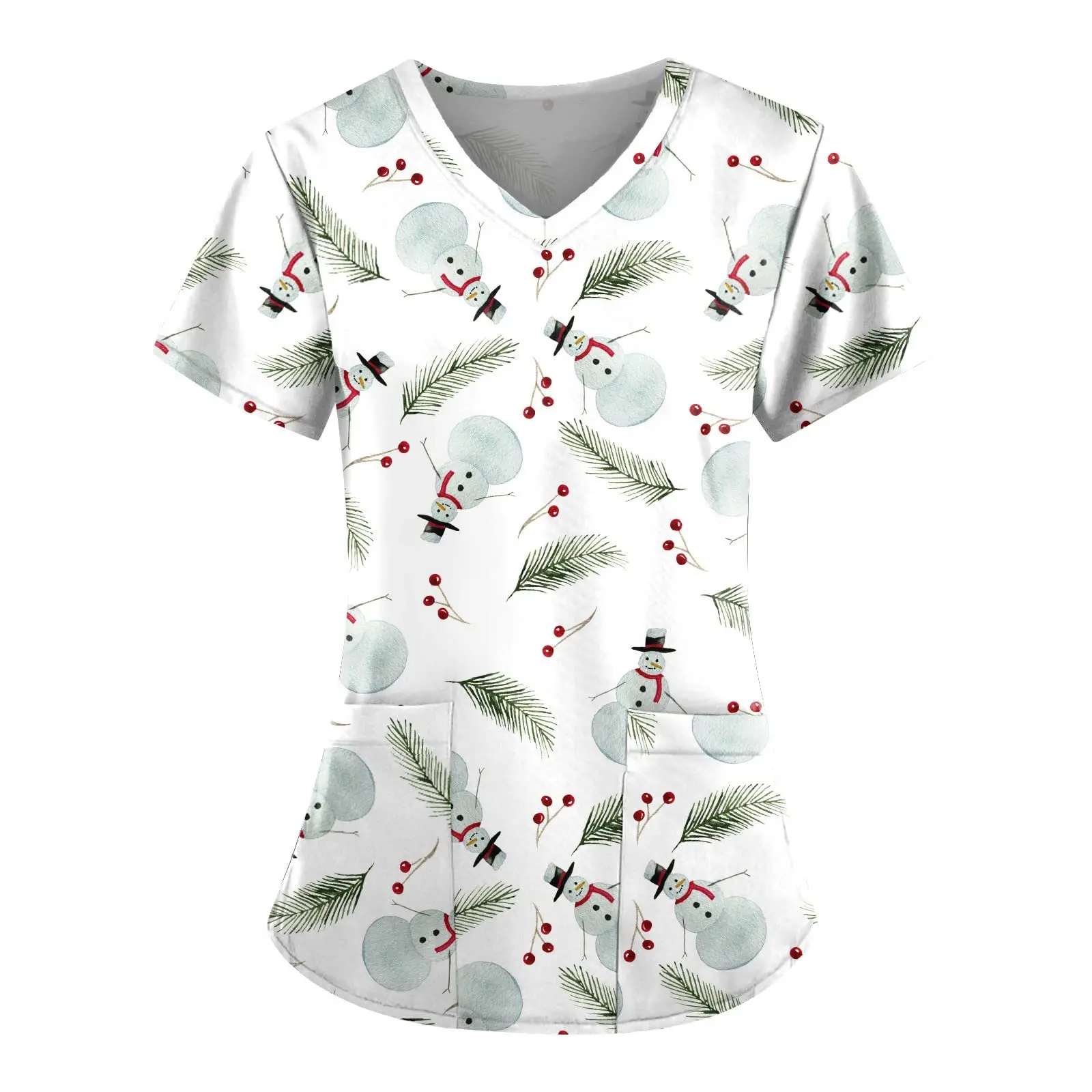 Christmas Surgical Uniforms Woman Cartoon Print Health Care Nurse Tops Casual V-Neck Short Sleeve Pocket Clinical Uniform Woman