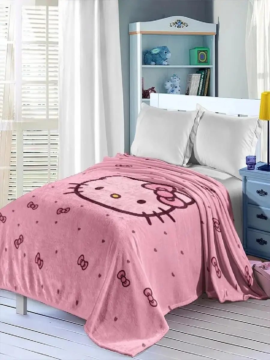 Cute Hello Kitty Pink Flannel Blanket Kawaii  Bow Print Soft Warm Throw for Kids Bedroom Sofa Camping Home Decor