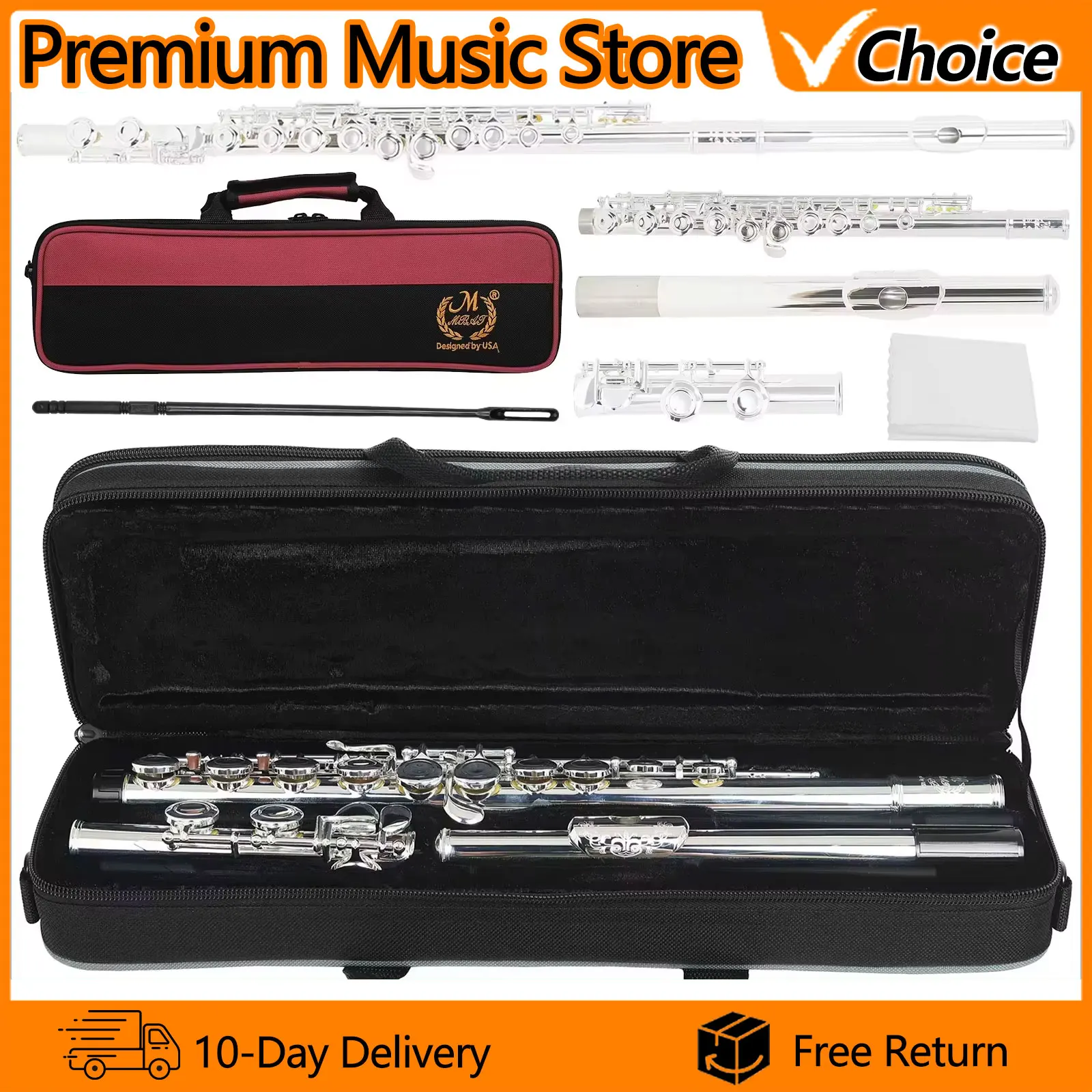 M MBAT C-Key Flute 16 Closed Open Holes Professional Transverse Flute Concert Woodwind instruments with Box Cleaning Cloth Stick