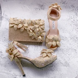 BS1628 New Design Customizable Women Shoes Floral  Bridal Wedding Shoes Champagne Gold Flower Shoes With Matching Bag