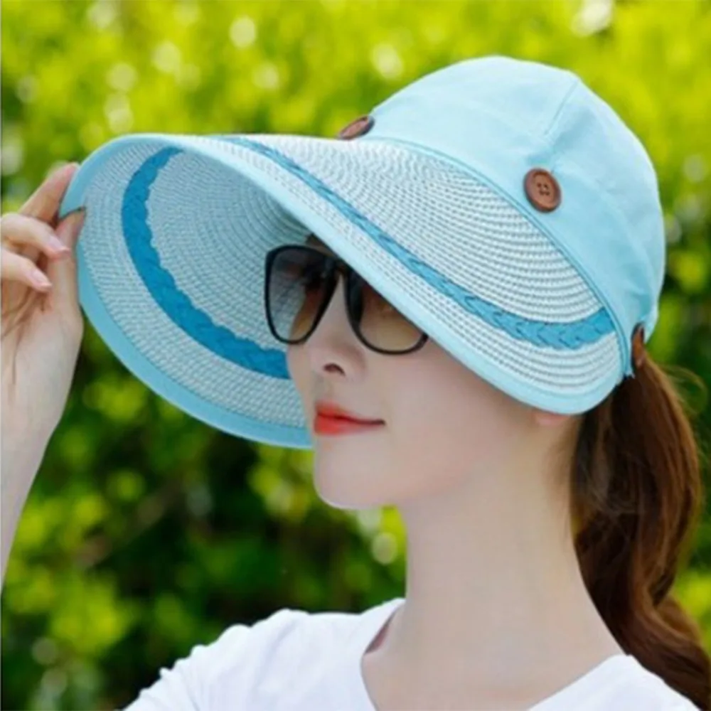 

Floppy Dual-purpose Empty Top Hat Fashion Straw Button Cap Women's Sun Hat Wide Brim Collapsible Sun Hat Women