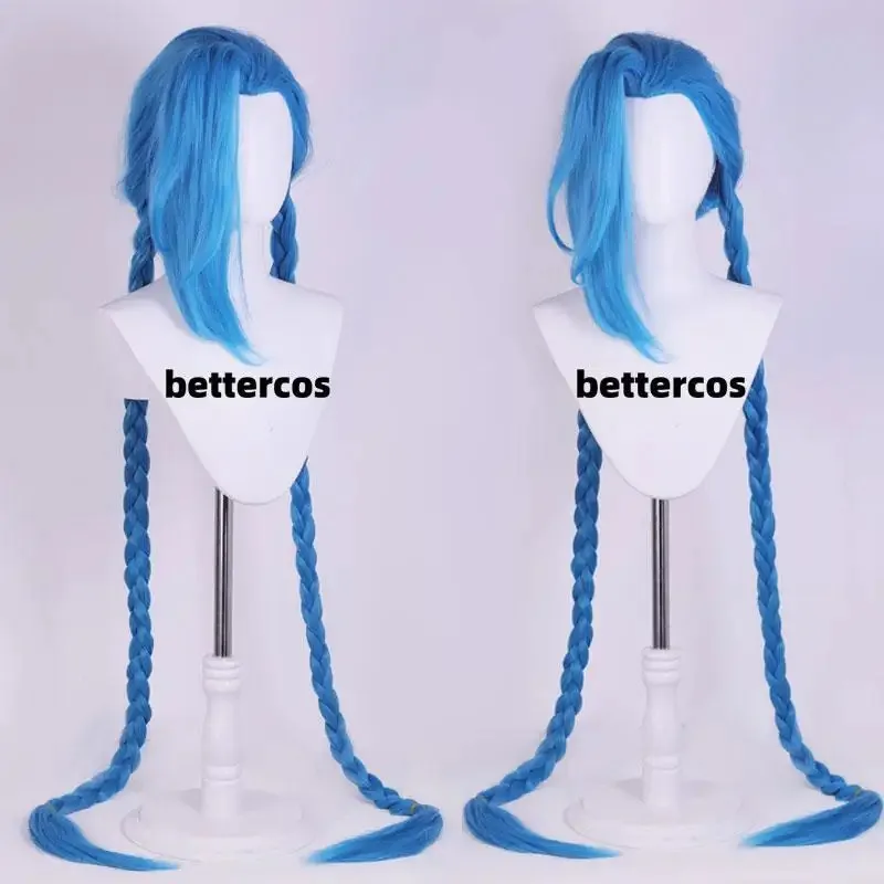 LOL Jinx Cosplay largo trenzado azul el cañón suelto peluca trenza pelo sintético resistente al calor pelucas de anime + WigCap D6,;'HKO;8F;
