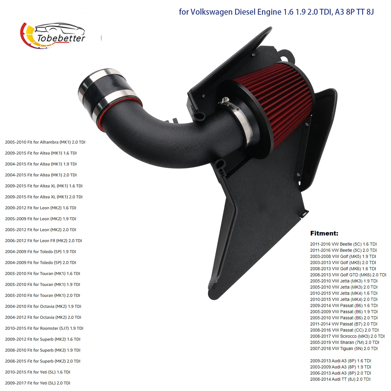 Diesel Engine Cold Air Intake Kit for VW Golf MK5 MK6 1.6 1.9 2.0TDI Jetta Beetle Passat Audi A3 TT Skoda Superb Seat Leon Altea