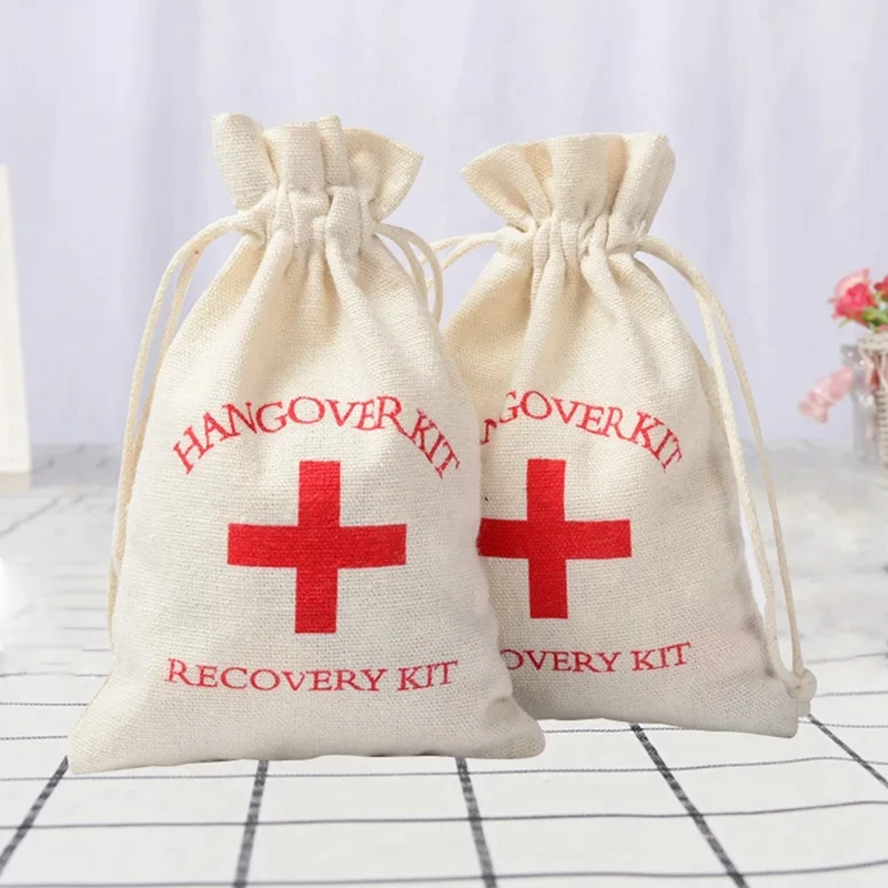 Wedding Favor Holder Bag Hangover Kit Bags For Guests Gift Red Cross Cotton Linen Pouches Festival Event Party