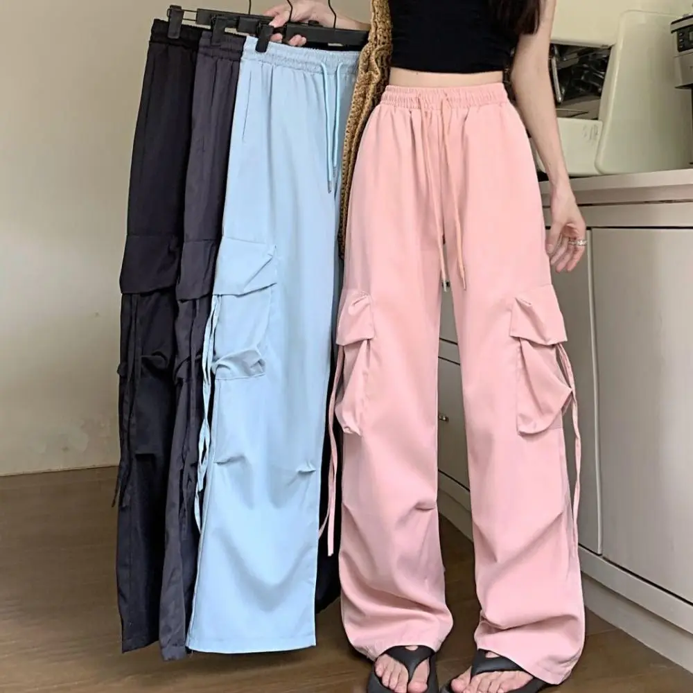 الرباط واسعة الساق Sweatpants متعددة جيوب المتضخم السراويل البضائع الفضفاضة Y2K عالية الخصر النساء ركض بنطلون رياضي