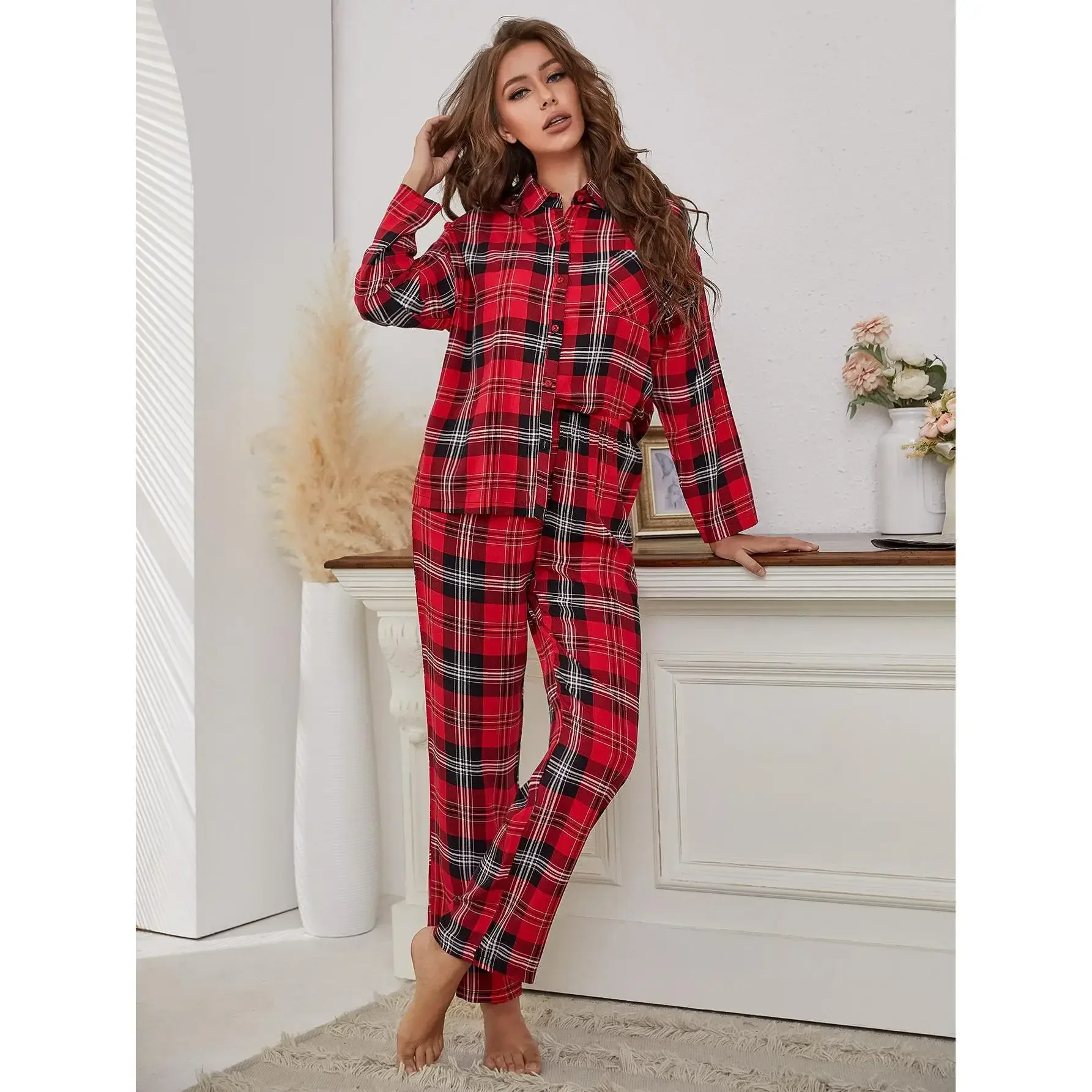 Red Plaid Pajamas Set Woman Button Cardigan Shirt Pants Pyjamas Women Nightwear Autumn Long Sleeve Sleepwear Christmas Pajamas